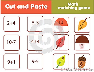 Matching children educational game. Match mushrooms and numbers. Mathematics Activity for kids and toddlers. Vector Illustration