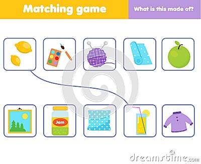 Matching children educational game. Match objects and material. Activity for kids and toddlers. Vector Illustration