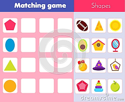 Matching children educational game. Match objects and shapes. Activity for kids and toddlers Vector Illustration