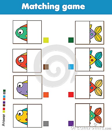 Matching children educational game. Kids activity. Match fish parts Vector Illustration