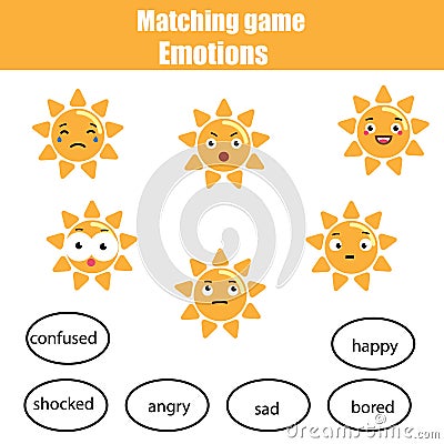 Matching children educational game, match sun and mood. Learning emotions and vocabulary theme Vector Illustration