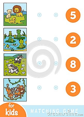 Matching education game for children. Cartoon animals on a colored background - lions, frogs, cows, monkeys Vector Illustration