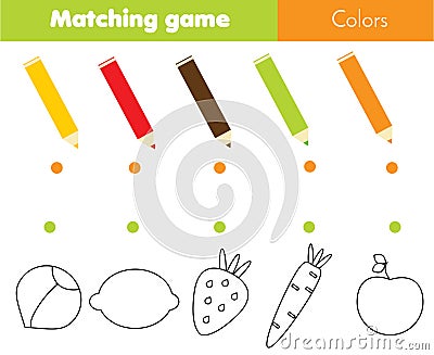 Matching educational children game. Match vegetables and fruits by color. Activity for pre school kids and toddlers Vector Illustration