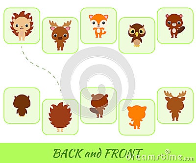 Matching educational game for children. Find the back and front cartoon animals Vector Illustration