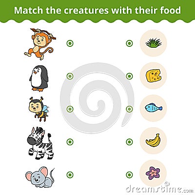 Matching game for children, animals and favorite food Vector Illustration