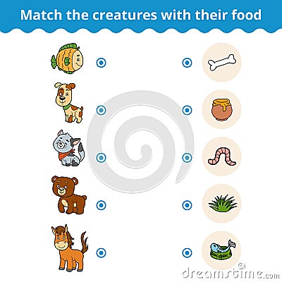 Matching game for children, animals and favorite food Vector Illustration