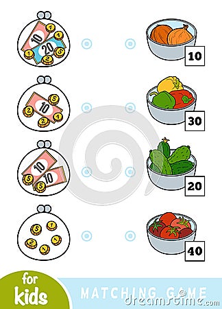 Matching game for children. Count how many money is in each wallet and choose the correct price. A set of vegetables Vector Illustration