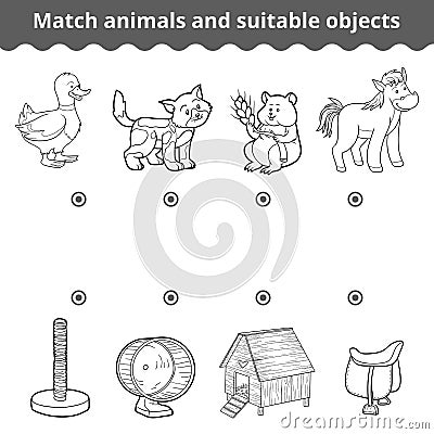 Matching game for children. Match animals and suitable objects Vector Illustration