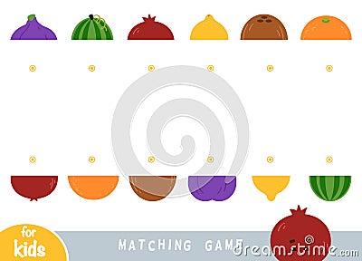 Matching game for children. Match the halves, Orange,Coconut,Lemon,Pomegranate,Watermelon,Figs Vector Illustration