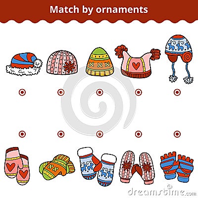 Matching game for children, Match the mitten and hats by ornaments Vector Illustration