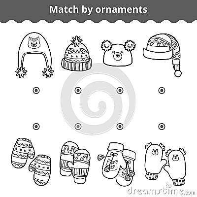 Matching game for children, Match the mitten and hats by ornament Vector Illustration