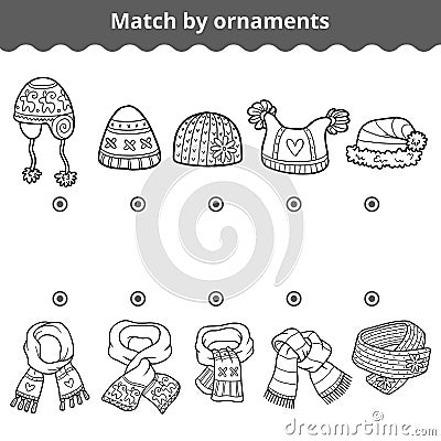 Matching game for children. Match the scarves and hats by ornament Vector Illustration