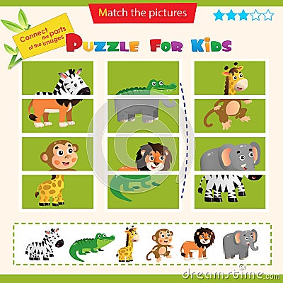Matching game for children. Puzzle for kids. Match the right parts of the images. Animals of Africa. Zebra, crocodile, giraffe, Vector Illustration