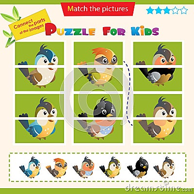 Matching game for children. Puzzle for kids. Match the right parts of the images. Bird. Sparrow, titmouse, chickadee, thrush, Vector Illustration