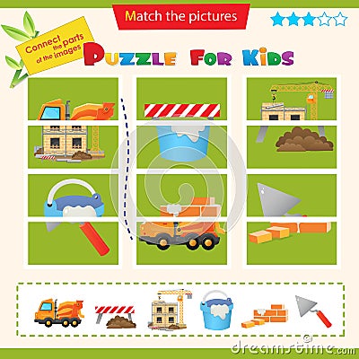 Matching game for children. Puzzle for kids. Match the right parts of the images. Build of house with elevating crane, concrete Vector Illustration