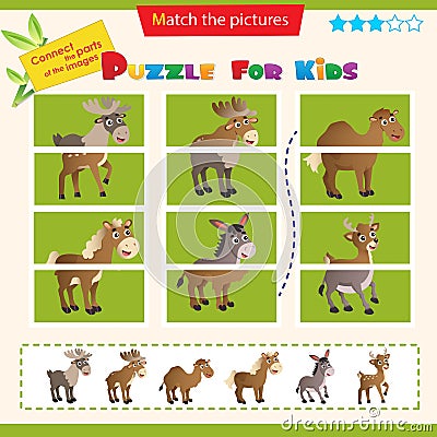 Matching game for children. Puzzle for kids. Match the right parts of the images. Set of animals. Elk, reindeer, camel, horse, Vector Illustration