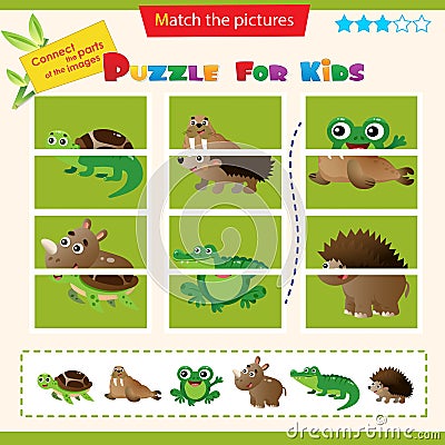 Matching game for children. Puzzle for kids. Match the right parts of the images. Set of animals. Turtle, walrus, frog, rhinoceros Vector Illustration
