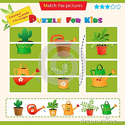 Matching game for children. Puzzle for kids. Match the right parts of the images. Set of indoor flowers or plants and watering Vector Illustration