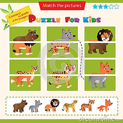 Matching game for children. Puzzle for kids. Match the right parts of the images. Wild animals. Bear, Wolf, Lion, Tiger, Cheetah, Vector Illustration