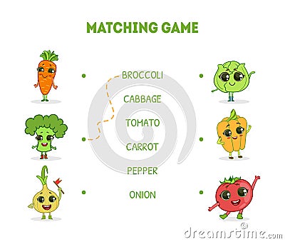 Matching Game with Cute Vegetables Characters, Word Matching Quiz Educational Game for Kids Vector Illustration Vector Illustration