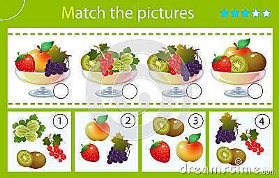 Matching game, education game for children. Puzzle for kids. Match by elements. Vases with fruits and berries. Currant, strawberry Vector Illustration
