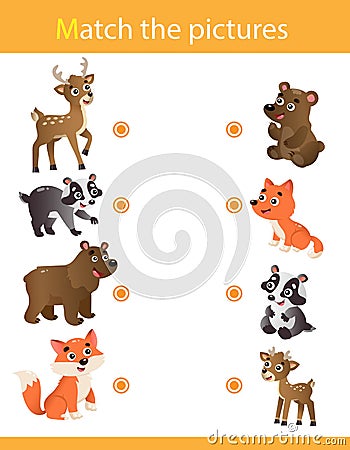 Matching game, education game for children. Puzzle for kids. Match the right object. Cartoon animals with their young. Deer, Vector Illustration