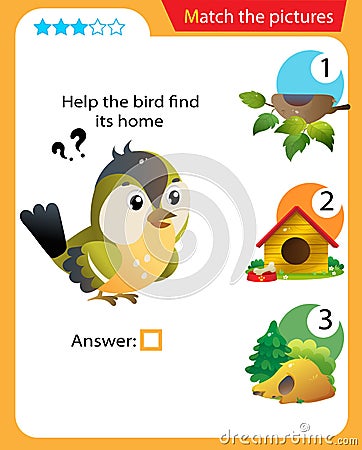 Matching game, education game for children. Puzzle for kids. Match the right object. Help the bird find its home Vector Illustration