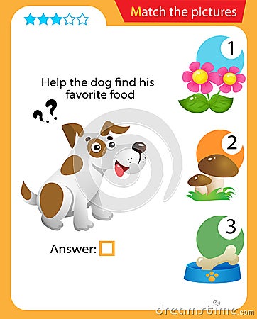 Matching game, education game for children. Puzzle for kids. Match the right object. Help the dog find his favorite food Vector Illustration