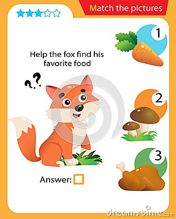 Matching game, education game for children. Puzzle for kids. Match the right object. Help the fox find his favorite food Vector Illustration