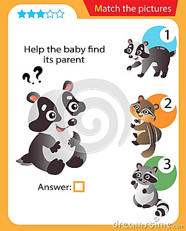 Matching game, education game for children. Puzzle for kids. Match the right object. Help the little badger find its parent Vector Illustration