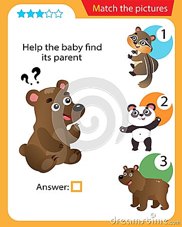 Matching game, education game for children. Puzzle for kids. Match the right object. Help the little bear find its parent Vector Illustration