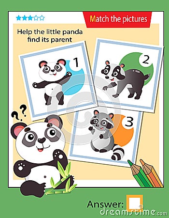 Matching game, education game for children. Puzzle for kids. Match the right object. Help the little panda find its parent Vector Illustration