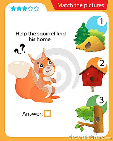Matching game, education game for children. Puzzle for kids. Match the right object. Help the squirrel find his home Vector Illustration