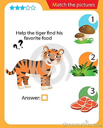 Matching game, education game for children. Puzzle for kids. Match the right object. Help the tiger find his favorite food Vector Illustration