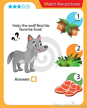 Matching game, education game for children. Puzzle for kids. Match the right object. Help the wolf find his favorite food Vector Illustration