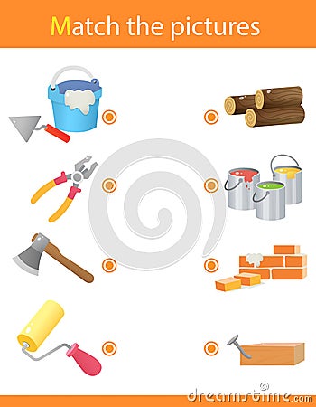 Matching game, education game for children. Puzzle for kids. Match the right object. Set of tools Vector Illustration