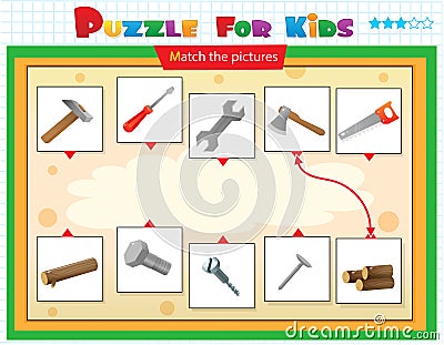 Matching game, education game for children. Puzzle for kids. Match the right object. Set of tools. Hammer, saw, axe, wrench, Vector Illustration