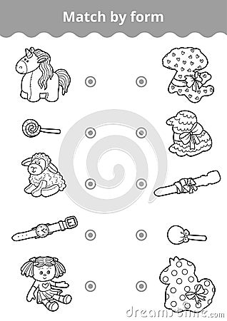 Matching game, education game for children. Connect girl`s toys Vector Illustration