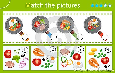 Matching game, education game for children. Puzzle for kids. Match by elements. Frying pans and products. Food and meals. Vector Illustration