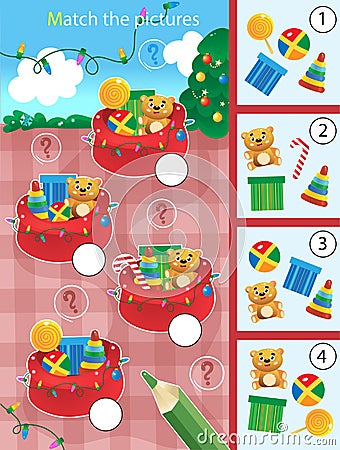 Matching game, education game for children. Puzzle for kids. Match by elements. Santa Claus bag with gifts, toys and sweets. Vector Illustration