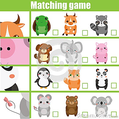 Matching game. Educational children activity with cute animals. Learning whole and parts Vector Illustration