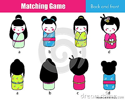 Matching game. Educational children activity with japanese dolls. Learning back and front Vector Illustration