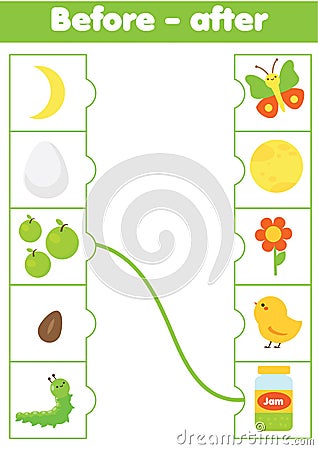 Matching game. Educational children activity. match before and after. Logic Activity for pre scholl years kids and toddlers Vector Illustration