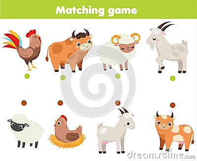 Matching game. Educational children activity. match male and female animals. Activity for pre scholl years kids and toddlers Vector Illustration