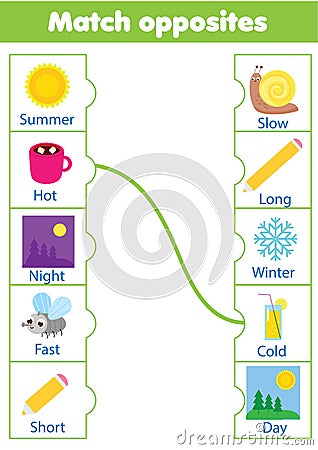 Matching game. Educational children activity. match opposites. Activity for pre scholl years kids and toddlers Vector Illustration