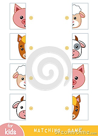 Matching game, educational game for children. Match the halves. Set of farm animals Vector Illustration