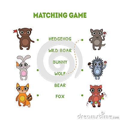 Matching Game, Hedgehog, Wild Boar, Wolf, Fox, Bunny, Bear, Word Matching Quiz Educational Game for Kids Vector Vector Illustration