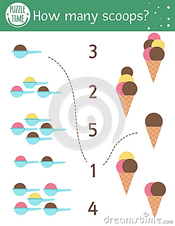 Matching game with ice-cream cones and scoops. Summer food math activity for preschool children. Beach holiday counting worksheet Vector Illustration