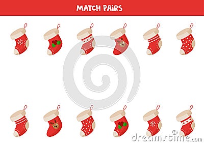 Matching game for kids. Find pair to Christmas socks Vector Illustration