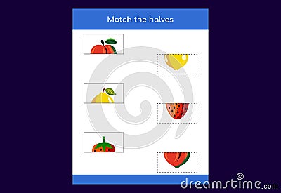Matching game. Match halves of Fruits. Educational game for children, Vector Illustration
